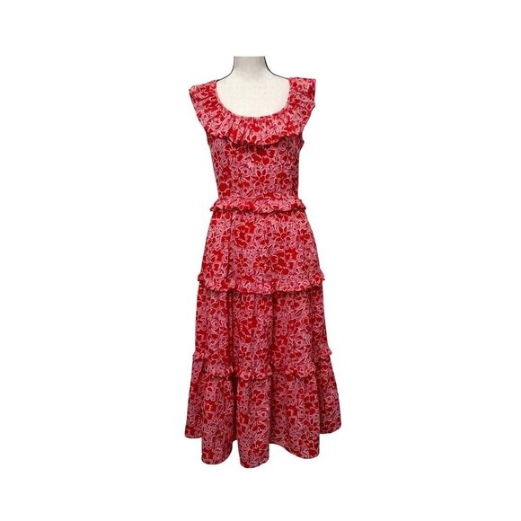 J.Crew Womens 2 Azalea Belvedere Ruffle Midi Dress Red Pink Floral Valentine's - Picture 2 of 11